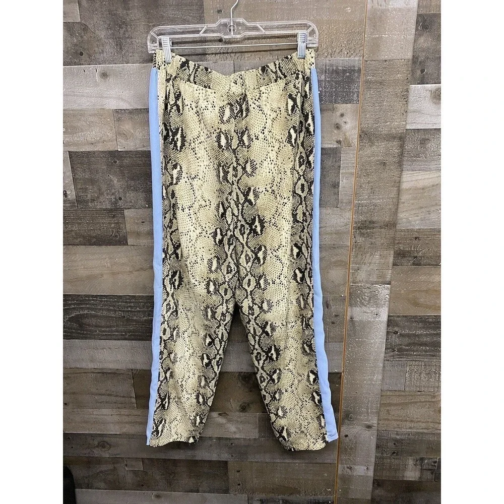 Honey Punch Brown Blue Pin Stripe Animal Print Elastic Waist Pants Women’s L NEW - Picture 5 of 7
